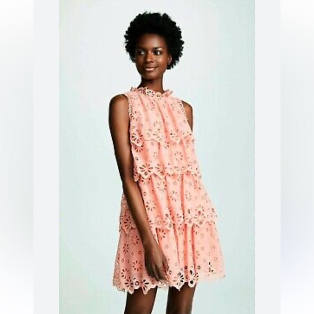 Rebecca Taylor Coral Pink Eyelet Lace Tiered Mini Dress size 10